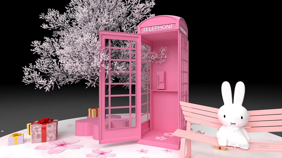Pink Telephone Booth With White Flower Tree Pink Bench Rabbit Doll Petals And Gift Boxes 3d model 