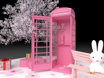 Pink Telephone Booth With White Flower Tree Pink Bench Rabbit Doll Petals And Gift Boxes 3d model