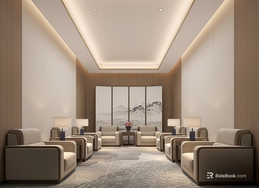 Elegant Reception Area With Wooden Walls Comfortable Sofas Table Lamps And Landscape Painting 3d model 
