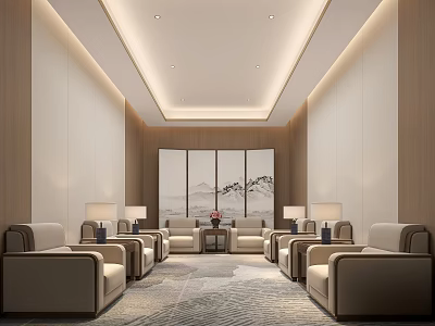 Elegant Reception Area With Wooden Walls Comfortable Sofas Table Lamps And Landscape Painting 3d model