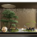 Modern Indoor Landscape With Green Tree Sparkling Wall Moss Ferns And Spherical Decorative Lights