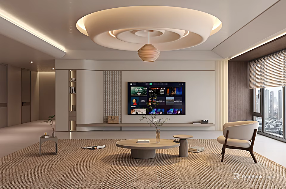 Warm Modern Minimalist Living Room With Unique Circular Ceiling And Comfortable Full Interior Design 3d model 