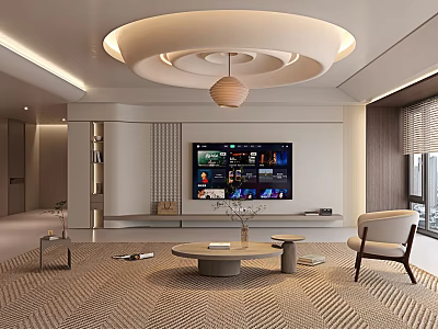 Warm Modern Minimalist Living Room With Unique Circular Ceiling And Comfortable Full Interior Design 3d model