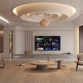 Warm Modern Minimalist Living Room With Unique Circular Ceiling And Comfortable Full Interior Design