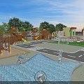 Colorful School Outdoor Playground With Slide Soccer Goal Lawn And Trees