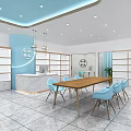Blue Exterior Specialty Store With Display Windows Interior Tables Chairs And Plants