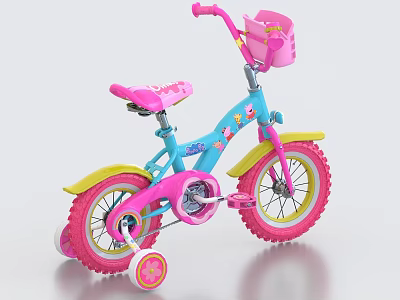 Cute Kids Bicycle With Blue Frame Pink Seat Yellow Fenders Pink Basket And Training Wheels 3d model
