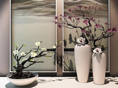 Elegant White Vases With Purple And White Flowers For Modern Interior 3d model