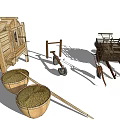 Traditional Wooden Household Items Featuring Storage Cabinets Barrels Carts And Farming Tools