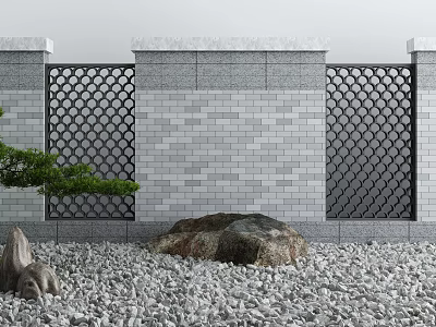 Modern Building Exterior Wall With Gray Bricks Perforated Grille Rocks Pine Tree And Gravel Ground 3d model