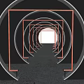 Futuristic Illuminated Tunnel With Neon Circular Rectangular Frames And Reflective Floor