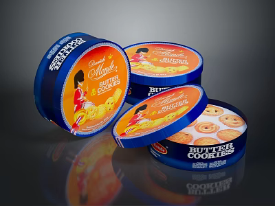 Delicious Butter Cookies In Round Blue Orange Tins With Girl Illustration 3d model