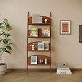 Multi Tiered Wooden Bookshelf with Books Decorations Green Plant and Vintage Radio