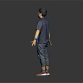 Man Wearing Blue Black Striped Polo Shirt Jeans Red Sneakers With Arms Outstretched Gray Background