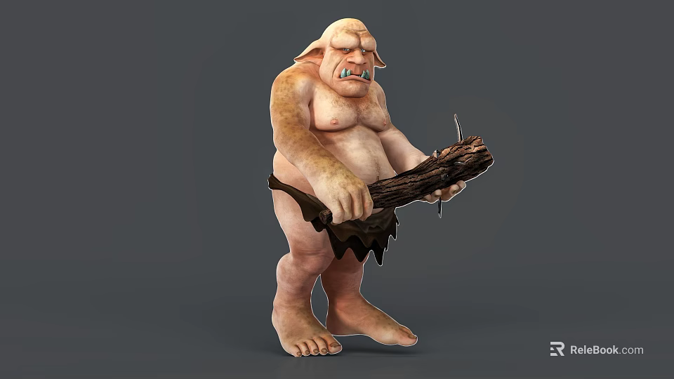 Game Movie Character Ugly Obese Humanoid Holding Large Wooden Club With Tusked Mouth Fantasy Creature 3d model 