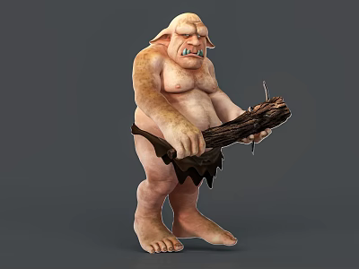 Game Movie Character Ugly Obese Humanoid Holding Large Wooden Club With Tusked Mouth Fantasy Creature 3d model