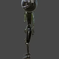 Game Movie Character With Green Hooded Cloak Glowing Eyes And Mechanical Arms With Triangle Symbol