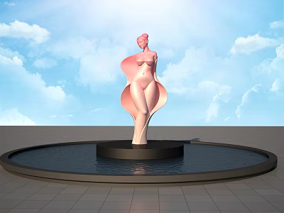 Pink Female Sculpture With Black Base And Water Pool Under Blue Sky And Sunlight 3d model