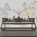 Traditional Chinese Luohan Bed Interior With Wooden Frame Decorative Pillows And Landscape Mural
