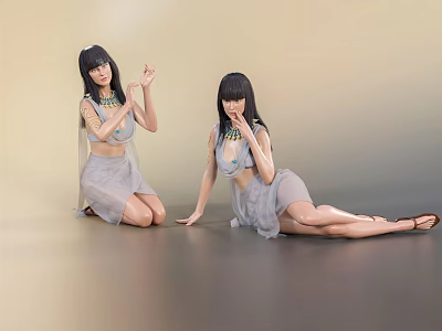 Two Women In Gray Dresses With Necklaces Kneeling And Lying On Light Background 3d model