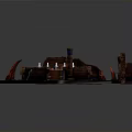 3D Game Scene Model With Square Central Area Stone Walls Stairs Flags And Blue Water