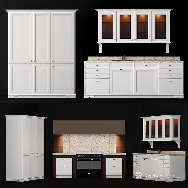 Modern White Kitchen Cabinets With Glass Doors Drawers And Island Counter 3d model 