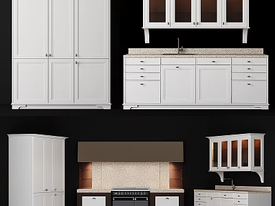 Modern White Kitchen Cabinets With Glass Doors Drawers And Island Counter 3d model