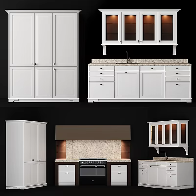 Modern White Kitchen Cabinets With Glass Doors Drawers And Island Counter 3d model