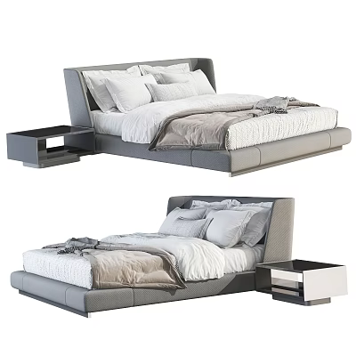 Modern Upholstered Double Bed with Gray Frame White Sheets Pillows and Nightstand 3d model