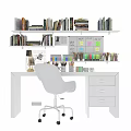 White Desk And Chair In Modern Study Workspace With Bookshelves Colored Pencils Sticky Notes