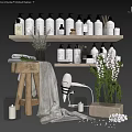 Natural Daily Bath Care Products Arranged On Shelves With Towels And Flowers