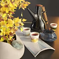 Modern Tea Set with Teapot Teacups and Decorative Tray alongside Vase with Yellow Leaves