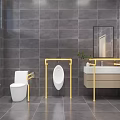 Modern Men's Public Restroom With Gray Tiled Walls White Urinals Wooden Stalls And Bright Lighting