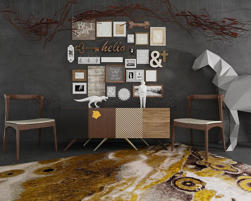 Stylish Entryway Cabinet And Side Cabinet With Wall Picture Frames Chairs And Decorative Rug 3d model 