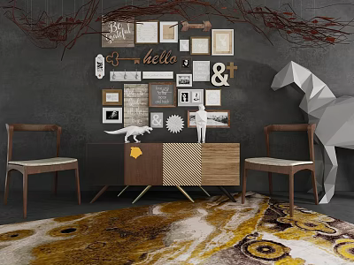 Stylish Entryway Cabinet And Side Cabinet With Wall Picture Frames Chairs And Decorative Rug 3d model