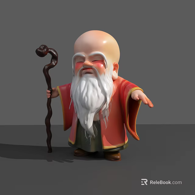 Game Movie Character Elder With Bald Head Long White Beard Red Robe And Curved Staff 3d model 
