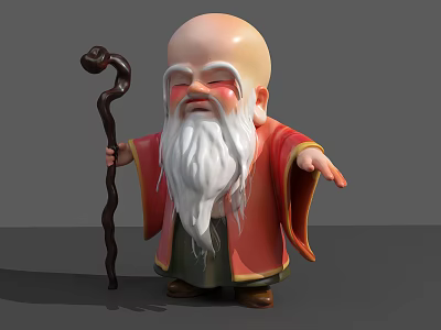 Game Movie Character Elder With Bald Head Long White Beard Red Robe And Curved Staff 3d model