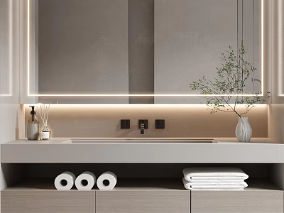 Modern Bathroom Cabinet With Double Sink Mirror Towels Toilet Paper Rolls And Green Plant 3d model