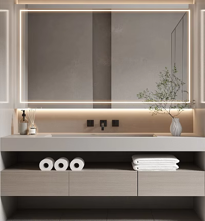 Modern Bathroom Cabinet With Double Sink Mirror Towels Toilet Paper Rolls And Green Plant 3d model