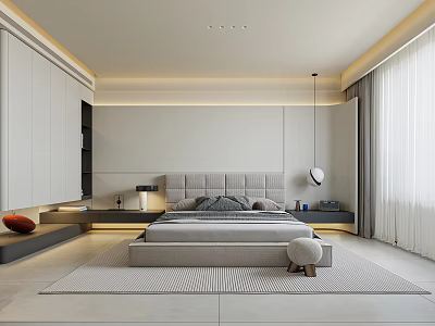 Modern Bedroom Interior Design With Soft Upholstered Headboard Built In Wardrobe And Pendant Light 3d model