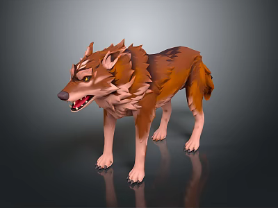 3D Modeled Wolf Character With Brown Orange Fur Sharp Ears Open Mouth Standing Pose 3d model