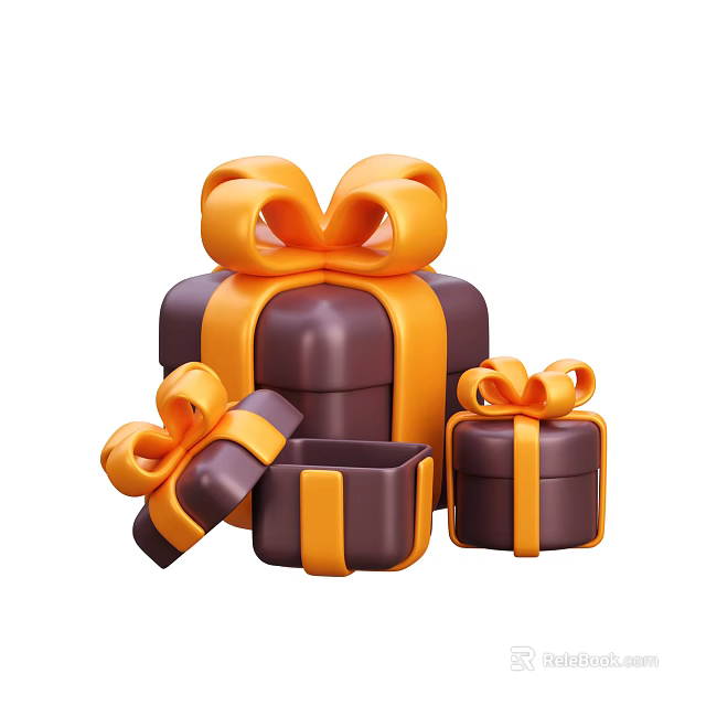 Decorative Gift Box Ornament Set With Brown Cases And Orange Bows Open Design 3d model 