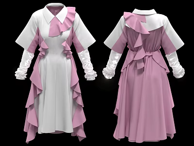 Pink And White Ruffled Long Sleeve Dress With Bow Details And Layered Hem 3d model
