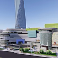 Modern Office Building Twin Towers With Green Roof And Central Plaza Garden