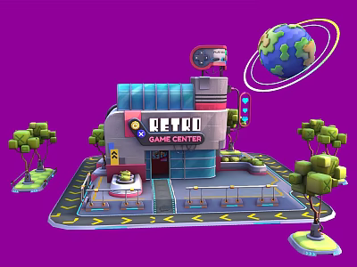 Cartoon Retro Game Center Scene With Building Globe Traffic Light And Trees 3d model