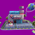 Cartoon Retro Game Center Scene With Building Globe Traffic Light And Trees