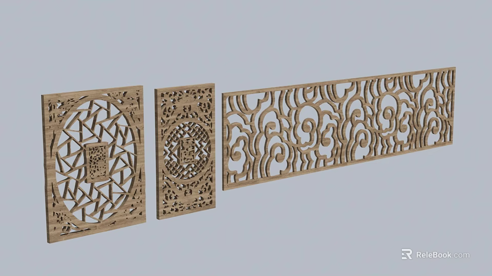 Wooden Carved Decorative Panels With Intricate Geometric And Scroll Patterns 3d model 