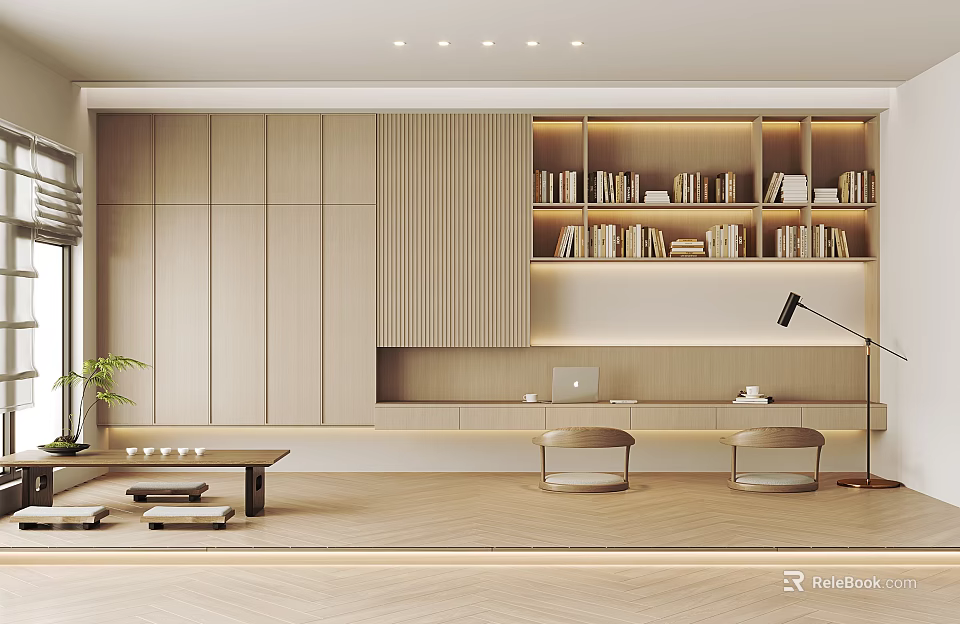 Modern Minimalist Tea Room Interior With Wooden Cabinets Bookshelves With Books And Tables 3d model 