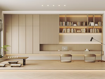 Modern Minimalist Tea Room Interior With Wooden Cabinets Bookshelves With Books And Tables 3d model