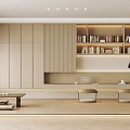 Modern Minimalist Tea Room Interior With Wooden Cabinets Bookshelves With Books And Tables